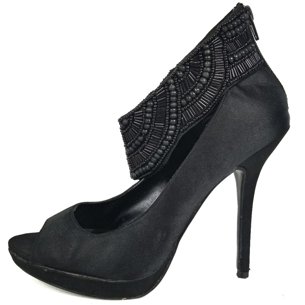 Bakers Beaded Ankle Strap Heels Black Satin Sz 10